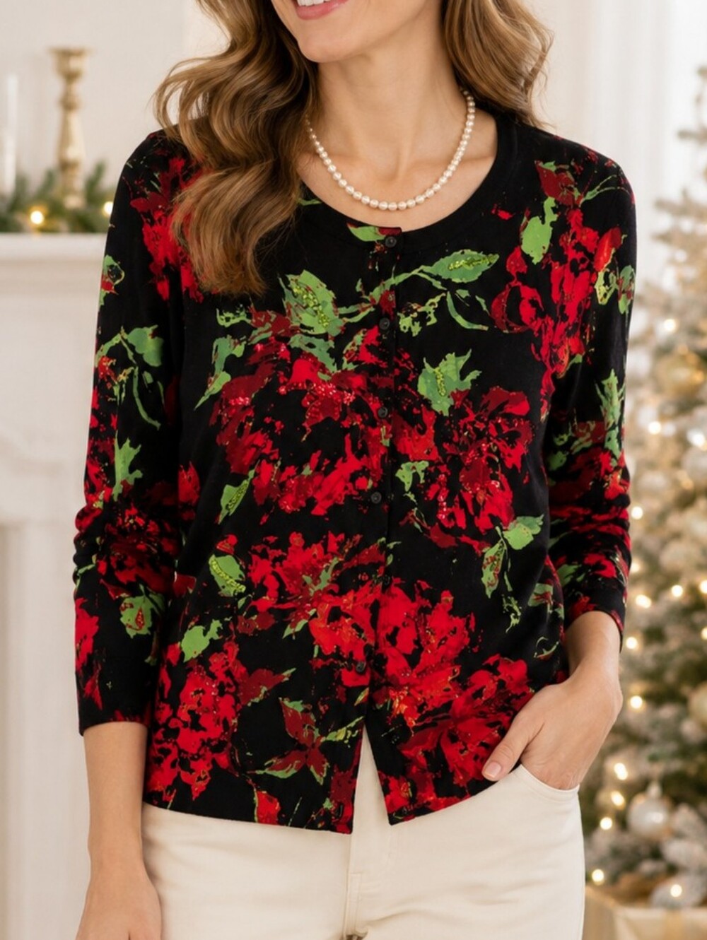Joseph A. Floral Sequin Cardigan Sweater Button Up Holiday Whimsigoth Preppy